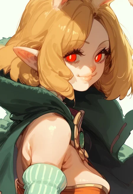 CarrotXLP, rating_explicit, score_9. score_8_up, score_7_up, 1girl, solo, horns, looking at viewer, pointy ears, red eyes, short hair, striped sleeves, glowing eyes, from side, closed mouth, breasts, Kartoon,
Expressiveh, gl0ss, solo, mature face, milf, sexy lips, smile, sexy smile, girl, red lightings, mature face, small face, orange short dress, bare shoulders, green cape, white gloves, open clothes, blonde hair, rabbit ears, rabbit girl, furry female,,