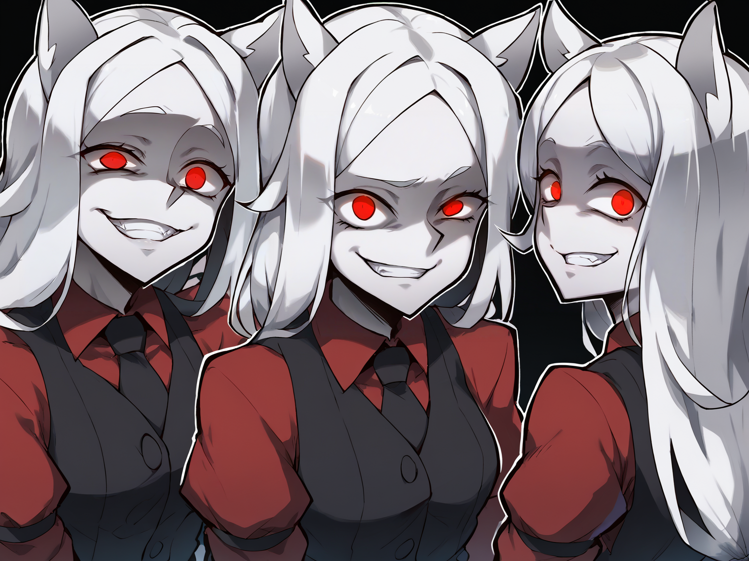 score_9, score_8_up, score_7_up, score_6_up, score_5_up, score_4_up, BREAK, source_cartoon, source_anime,  3girls, cerberus \(helltaker\), white hair, long hair, red eyes, (glowing eyes:0.5), dog ears, red shirt,  black necktie, black vest,
sadistic smile, upper body, looking at viewer, monochrome, greyscale, gesugao, sketch, black background, spot color, shaded face, white outline
<lora:CerberusXL:1> <lora:EbiblueXL:1>
