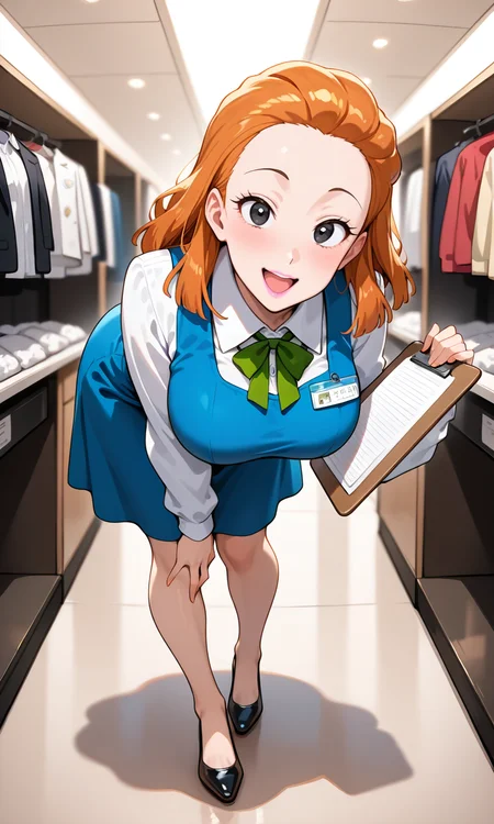 (masterpiece, best quality, ultra-detailed, very aesthetic), questionable, newest, 1girl, looking at viewer, (full body:1.3), indoor, smile, department store, bent over, closed eyes, open mouth,
<lora:koshitani-junko:0.8> (koshitani-junko), (black eyes, orange hair, medium hair, hair slicked back, forehead, pink lips), (blue dress, pinafore dress, medium dress, white collared shirt, long sleeves, green bowtie, name tag, clipboard), (large breasts),