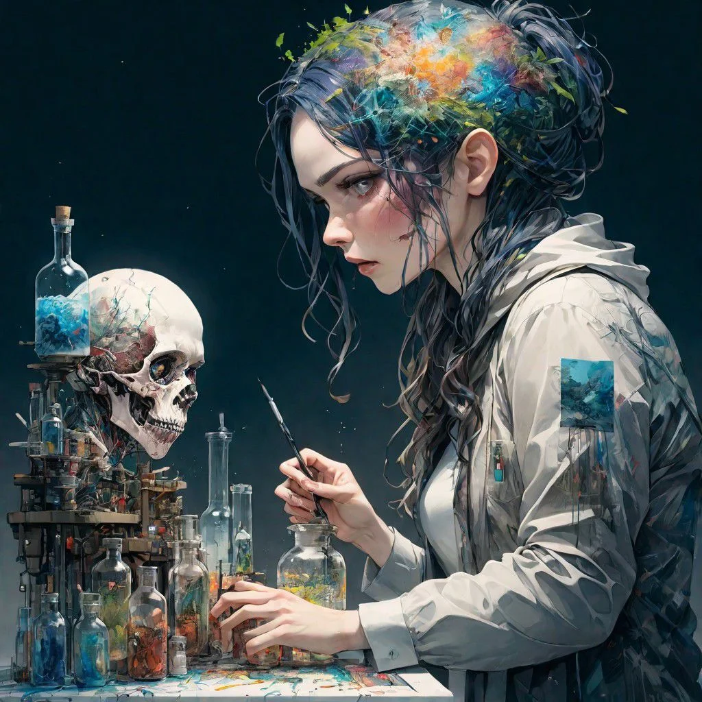 Curious scientist amidst experiments, by Minjae Lee, Carne Griffiths, Emily Kell, Steve McCurry, Geoffroy Thoorens, Aaron Horkey, Jordan Grimmer, Greg Rutkowski, amazing depth,high resolution, ink painting