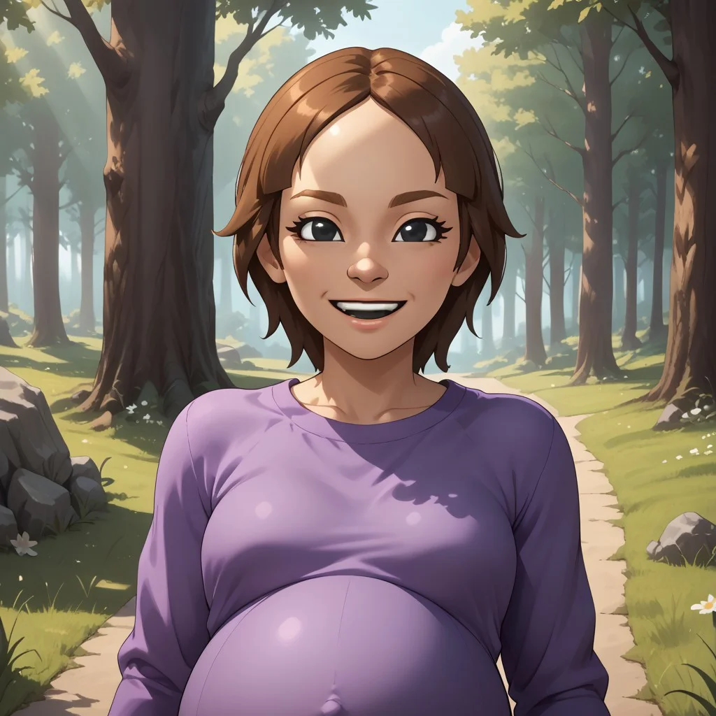 score_9, score_8, BREAK, solo, wii, mii, wii fit, 1girl, female mii, brown hair, dark blonde eyebrows, black eyes, half circle nose, open mouth, teeth, purple clothing, white pants, barefoot, cute, Maeda_(\Wii_Fit\), small breasts, Nintendo Mii, modern_mii, classic_mii, (((pregnant))), adult female, mature female, sexy pose, self portrait, smile, outdoors, sunlight, shadows, evening lighting, natural lighting, forest, trees, grass, orange sky, sunset