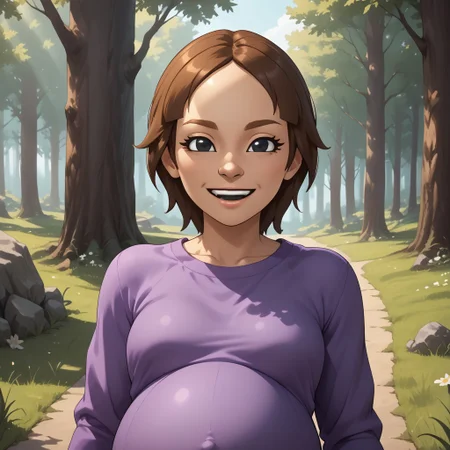 score_9, score_8, BREAK, solo, wii, mii, wii fit, 1girl, female mii, brown hair, dark blonde eyebrows, black eyes, half circle nose, open mouth, teeth, purple clothing, white pants, barefoot, cute, Maeda_(\Wii_Fit\), small breasts, Nintendo Mii, modern_mii, classic_mii, (((pregnant))), adult female, mature female, sexy pose, self portrait, smile, outdoors, sunlight, shadows, evening lighting, natural lighting, forest, trees, grass, orange sky, sunset