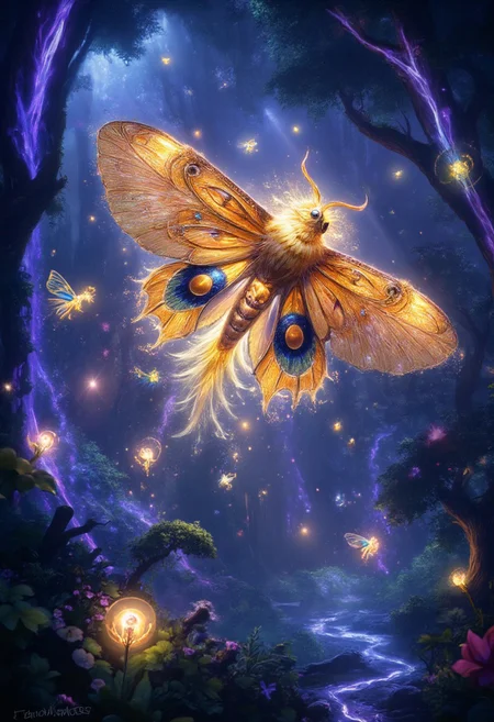 A majestic phoenix-like moth soaring gracefully through an enchanted forest under a twilight sky. Its enormous, iridescent wings shimmer with intricate patterns of glowing gold, sapphire, and amethyst, radiating a celestial light. The moth's body glows softly, leaving behind a trail of sparkling stardust as it moves effortlessly through the air. The forest is alive with magical bioluminescent plants and trees, their glow complementing the moth's radiance. Ethereal beams of light stream down through gaps in the canopy, casting the scene in an otherworldly purple and blue hue, as smaller glowing insects and motes of light follow the moth, creating an awe-inspiring spectacle of flight and magic