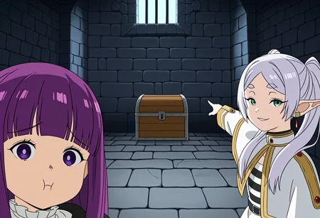 (masterpiece, high quality, amazing detail), highres, two_soyjaks_pointing_(meme), looking at viewer, 2girls, standing, dungeon,
BREAK
fern \(sousou no frieren\), close mouth, :t,
BREAK
treasure chest, no humans,
BREAK
frieren, pointy ear, smirk, poiting,
<lora:two_soyjaks_pointing_meme:1>