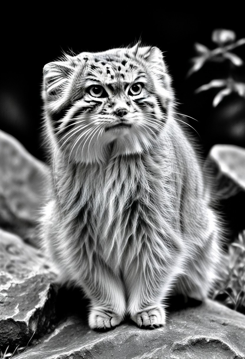 closeup of a curious manul on a rock, Otocolobus manul, curios expression, confused look, moss, shrubbery, black background, black and white, sepia, Jed-Pen