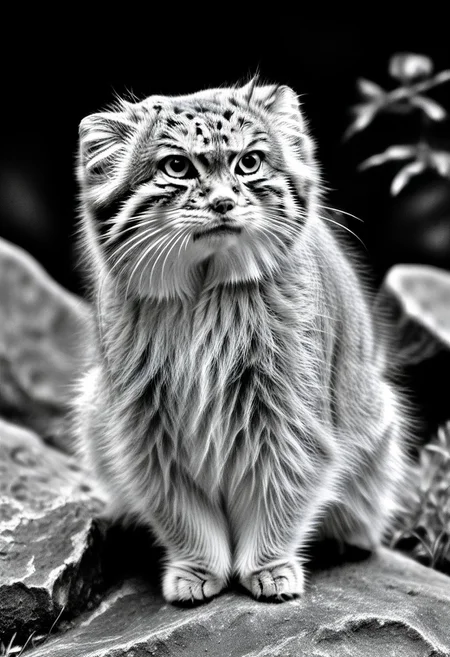 closeup of a curious manul on a rock, Otocolobus manul, curios expression, confused look, moss, shrubbery, black background, black and white, sepia, Jed-Pen