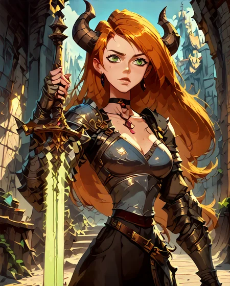 <lora:Kim_Possible:1> Kim Possible, long hair, orange hair, green eyes, choker, medium breasts, slim waist, <lora:Wakfu_CartoonV02:1> breasts, collarbone, medium breasts, content rating, safe, , <lora:V2_Pony_Fantasy_Knights_-_By_HailoKnight:1> hkstyle, score_9, score_8_up, score_7_up, score_6_up, score_5_up, score_4_up, (beautiful demon woman, horns, wearing armor, holding pink glowing sword:1.2), dungeon in background, concept art, digital art, realistic, <lora:shadV6.1LOL:1>