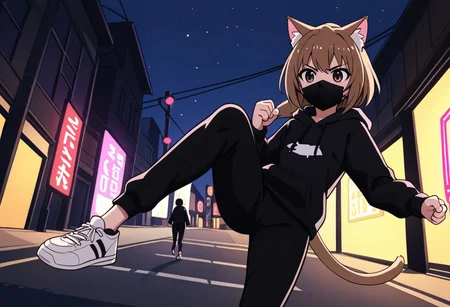 Aisaka_Taiga, 1girl, solo, flat chest, brown_eyes, catgirl, hoodie, from below, ground view, black mask, face mask, black hoodie, street, night, narrow street, dark, agressive, suburban, neon lights, street, step on, sneakers, fighting, sole, leg up, jumping, black pants
