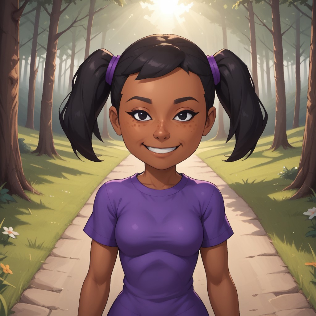 score_9, score_8, BREAK, solo, mii, wii, wii sports, 1girl, female mii, dark skin, dark skin female, freckles, black hair, twintails, black eyes, smile, purple clothing, black leggings, shoes, cute, Miyu_(\Wii_Sports\), Nintendo Mii, modern_mii, classic_mii, breasts, sexy pose, smile, outdoors, sunlight, shadows, evening lighting, natural lighting, forest, trees, grass, orange sky, sunset