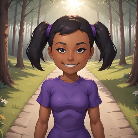 score_9, score_8, BREAK, solo, mii, wii, wii sports, 1girl, female mii, dark skin, dark skin female, freckles, black hair, twintails, black eyes, smile, purple clothing, black leggings, shoes, cute, Miyu_(\Wii_Sports\), Nintendo Mii, modern_mii, classic_mii, breasts, sexy pose, smile, outdoors, sunlight, shadows, evening lighting, natural lighting, forest, trees, grass, orange sky, sunset