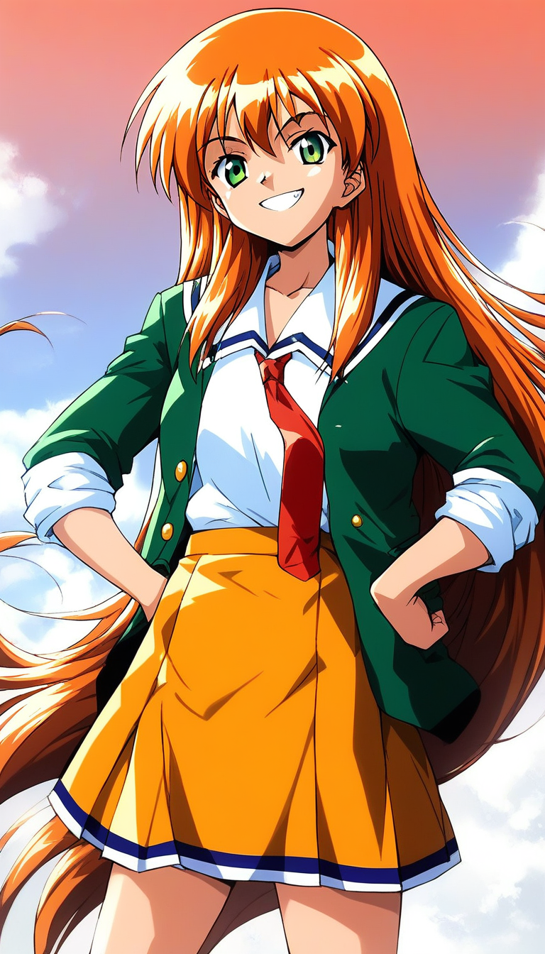 score_9, score_8_up, score_7_up, source_anime, rating_explicit, BREAK  <lora:Akai_Homura_XL:1> Akai_Homura, very long hair, green eyes, orange hair,
solo, skirt, 1990s (style), orange skirt, necktie, smile, school uniform, green jacket, sleeves rolled up, looking at viewer, hands on hips, jacket, shirt,
day, sky,