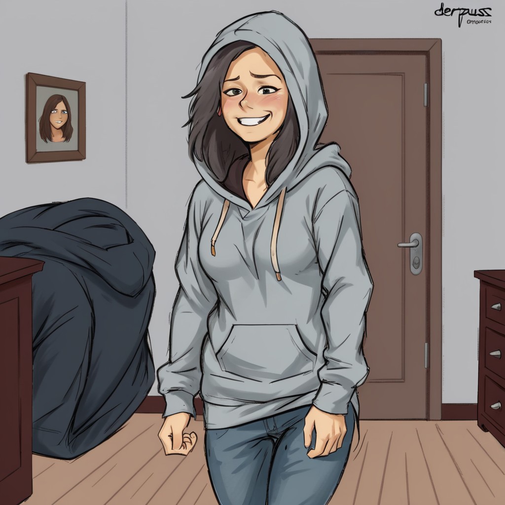 Derpuss, 1girl, solo, long hair, looking at viewer, smile, long sleeves, closed mouth, standing, ass, looking back, indoors, hood, clothes lift, from behind, hoodie, hood down, smug, grey hoodie, jeans, undressing, shirt pull,