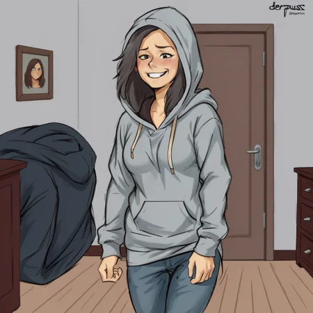 Derpuss, 1girl, solo, long hair, looking at viewer, smile, long sleeves, closed mouth, standing, ass, looking back, indoors, hood, clothes lift, from behind, hoodie, hood down, smug, grey hoodie, jeans, undressing, shirt pull,