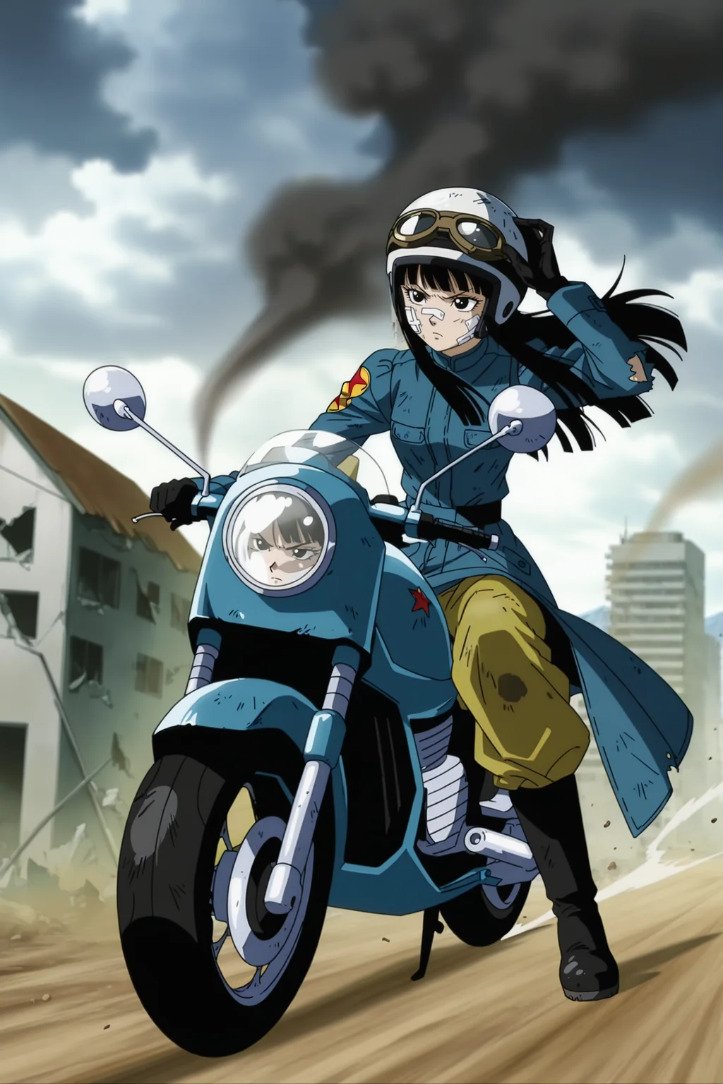 anime screencap, absurdres, high quality, official style,
future mai, official style, 1girl, solo, long hair, black hair, bangs, black eyes, eyelashes, motorcycle helmet, goggles on headwear, military coat, blue coat, torn sleeve, long sleeves, print sleeve, red star, star \(symbol\), black gloves, yellow pants, pants tucked in, black footwear, boots, full body, smoke trail, closed mouth, riding motorcycle, hand on headwear, mountain, cloudy sky, blurred background, looking at another, dirty clothes, v-shaped eyebrows, frown, bandage on face, dirt, destroyed building,
<lora:Mai_IL:0.8>