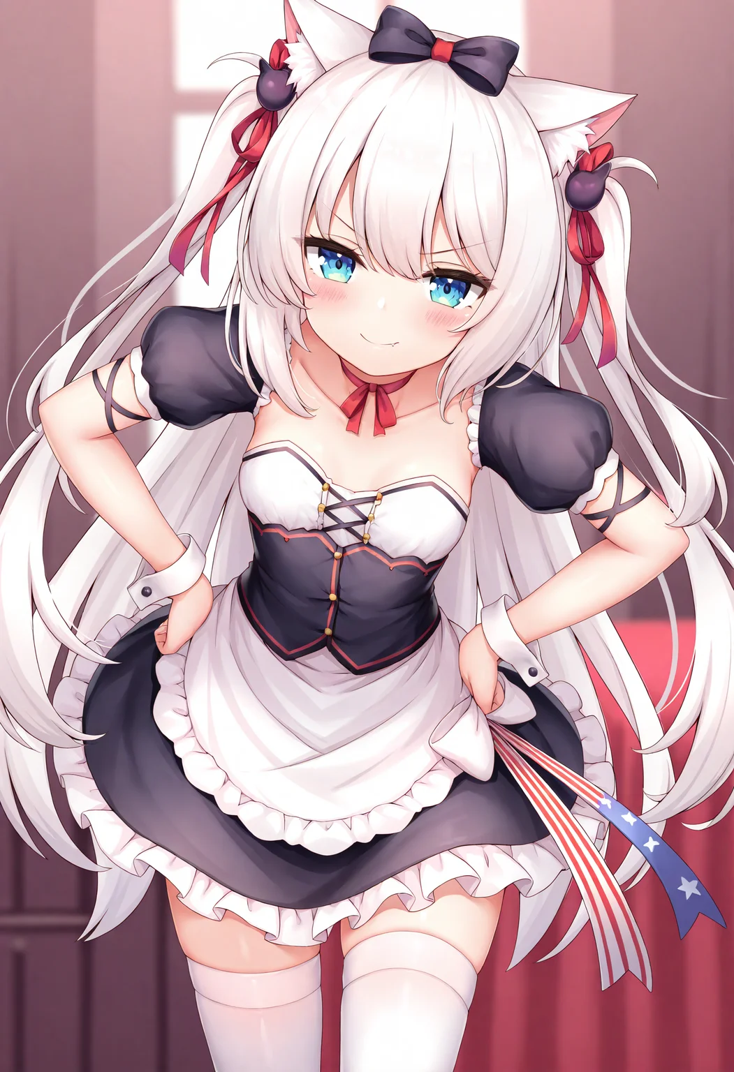1girl, hammann \(retrofit\) \(azur lane\), hammann \(azur lane\), 
solo, closed mouth, maid apron, black dress, ribbon, blue eyes, cat ears, maid, frown, frills, blush, bow choker, v-shaped eyebrows, maid headdress, hair bow, dress, puffy sleeve, animal ears, sidelocks, white hair, twintails, >:\), hair ribbon, very awa hime, short sleeves, zettai ryouiki, looking at viewer, apron, breasts, cowboy shot, waist apron, white apron, wrist cuffs, long hair, fang, smile, hair between eyes, white thighhighs, thighhighs, small breasts, skindentation, red ribbon, collarbone, fang out, puffy short sleeves,
masterpiece, best quality, newest, absurdres, highres
 <lora:arata1_noob1.1-000187:0.7>