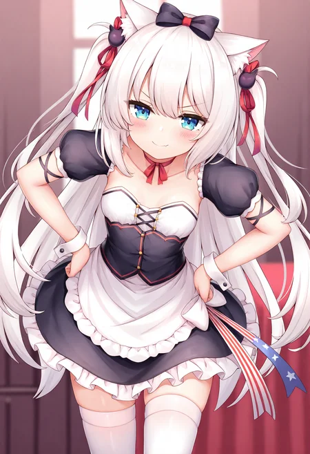 1girl, hammann \(retrofit\) \(azur lane\), hammann \(azur lane\), 
solo, closed mouth, maid apron, black dress, ribbon, blue eyes, cat ears, maid, frown, frills, blush, bow choker, v-shaped eyebrows, maid headdress, hair bow, dress, puffy sleeve, animal ears, sidelocks, white hair, twintails, >:\), hair ribbon, very awa hime, short sleeves, zettai ryouiki, looking at viewer, apron, breasts, cowboy shot, waist apron, white apron, wrist cuffs, long hair, fang, smile, hair between eyes, white thighhighs, thighhighs, small breasts, skindentation, red ribbon, collarbone, fang out, puffy short sleeves,
masterpiece, best quality, newest, absurdres, highres
 <lora:arata1_noob1.1-000187:0.7>