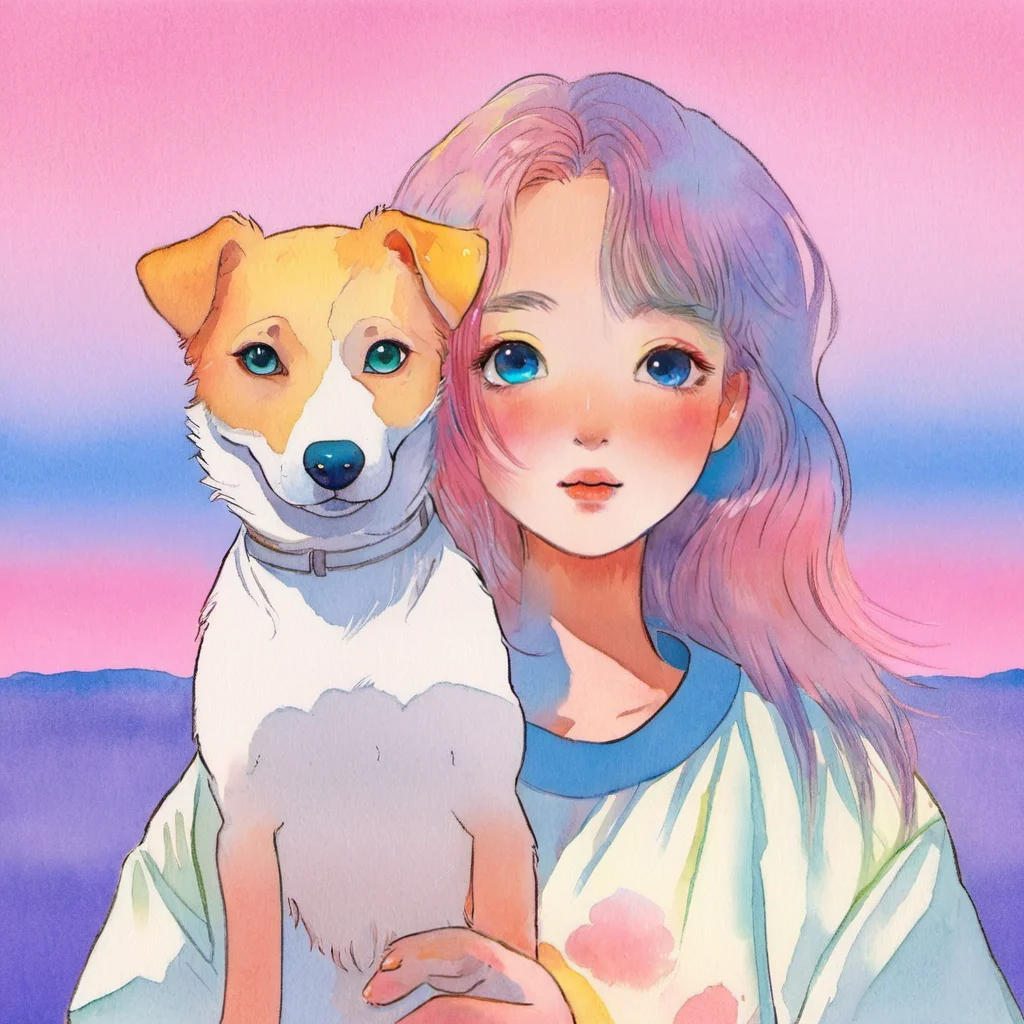 water color,1girl,blue_eyes,Yellow Dog,Hold,solo,heterochromia,multicolored hair,long hair,looking at viewer,Blue and pink gradient background,parted lips,sky,shirt,upper body,watercolor,texture,