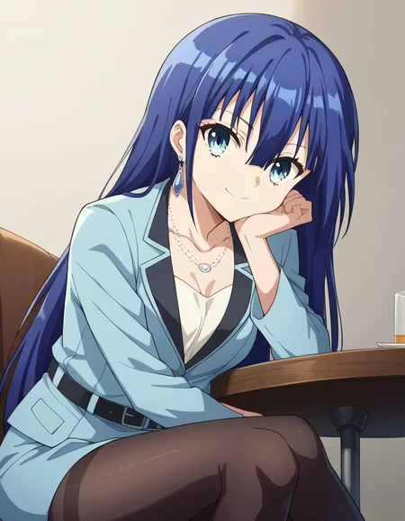 score_9, score_8_up, score_7_up, source_anime, <lora:ayano-yuugiri-s1-ponyxl-lora-nochekaiser:1>, ayano yuugiri, long hair, hair between eyes, blue eyes, blue hair, bangs,, skirt, jewelry, collarbone, jacket, pantyhose, earrings, belt, necklace, black pantyhose, formal, suit, blue jacket, skirt suit,, indoors, smile, looking at viewer, solo, sitting, head rest, table,, cowboy shot, dutch angle