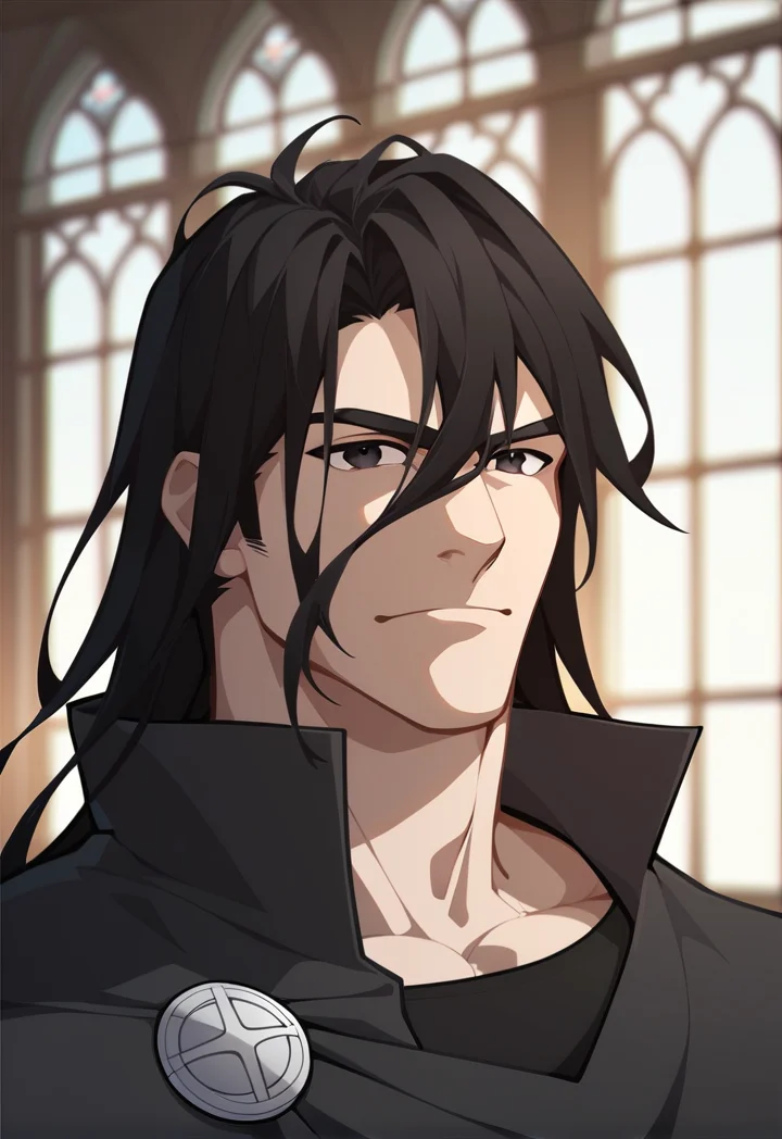 score_9, score_8_up, score_7_up, score_6_up, score_5_up, score_4_up, 1boy, bara, solo, adult, edward, black hair, black eyes, long hair, hair between eyes, bangs, black robes, male focus, magic academy, good eyes, good face, detailed face, detailed eyes, perfect eyes, perfect face, best quality, amazing quality, best aesthetic, absurdres, <lora:EdwardSelfens:0.8>