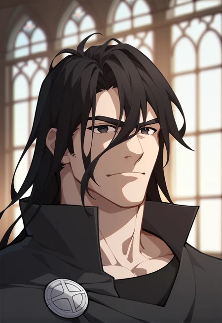 score_9, score_8_up, score_7_up, score_6_up, score_5_up, score_4_up, 1boy, bara, solo, adult, edward, black hair, black eyes, long hair, hair between eyes, bangs, black robes, male focus, magic academy, good eyes, good face, detailed face, detailed eyes, perfect eyes, perfect face, best quality, amazing quality, best aesthetic, absurdres, <lora:EdwardSelfens:0.8>