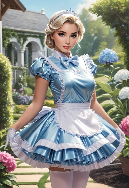 fantasy artwork of beautiful adult woman, elsa, solo, shiny satin, standing, wearing dr3ss, maid outfit, short poofy voluminous skirt, apron, <lora:BSM5-39-SDXL:0.8>, full body, garden, outdoors, godrays