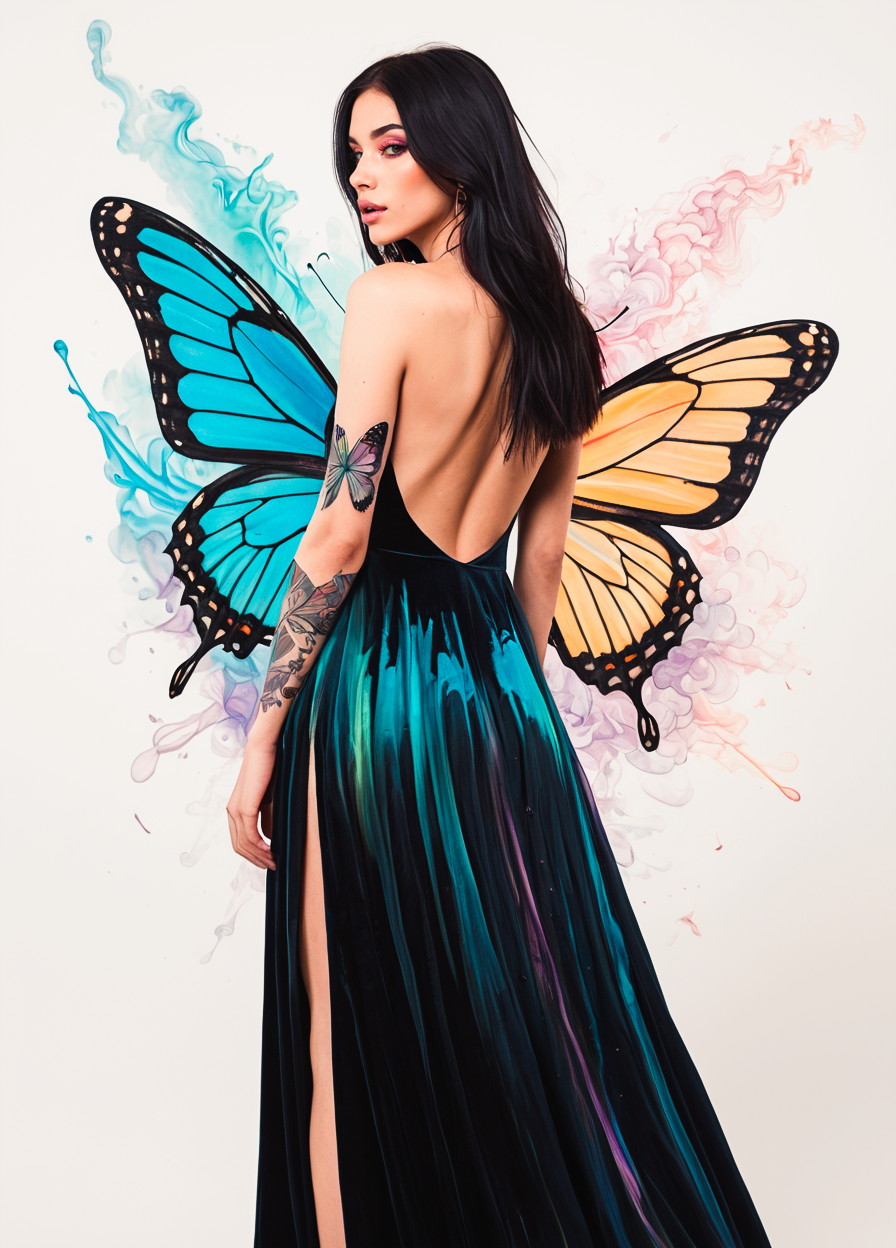 SFW,
young woman, 23yo, full body shot, detailed face, highly detailed,
1girl, masterpiece, best quality, long hair, dark hair, pale skin, cute face, dark hair, light eyes, subtle make up, artistic composition,
adult, alluring, photo, fair skin, perfect skin, long eyelashes, pointed eye makeup, 
soft pastel colors, cartoon style illustration of a woman as she sees the world while experiencing hallucinations, stoned, splash art, closed lip, head tilted forward, splashed pastel colors, (soft iridescent florescent smoke around her) motion effects, best quality, wallpaper art, UHD, centered image, MSchiffer art, ((flat colors)), (cel-shading style) very vibrant neon colors, dense colorful smoke,  ((low saturation)) ink lines, dark velvet dress with slit,(backless dress:1.35) (open back dress:1.5), (butterfly wings back tattoo:1.45) , iridescent tattoo, from side, from behind, (full body image, three-quarter shot:1.1), looking at viewer. The composition blends hyperrealistic textures with an impressionistic painting-like quality, creating an evocative and timeless aesthetic with modern contemporary style. <lora:Purple_Grace_v2:0.75> <lora:mot_wwm:0.51> <lora:fenn_neoncolor:0.4800006103515625>