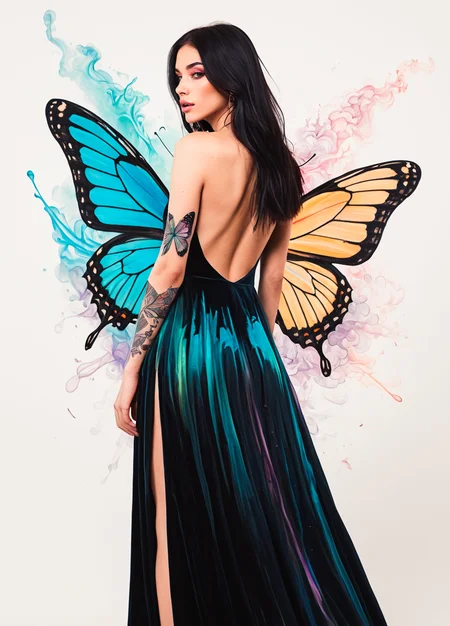 SFW,
young woman, 23yo, full body shot, detailed face, highly detailed,
1girl, masterpiece, best quality, long hair, dark hair, pale skin, cute face, dark hair, light eyes, subtle make up, artistic composition,
adult, alluring, photo, fair skin, perfect skin, long eyelashes, pointed eye makeup, 
soft pastel colors, cartoon style illustration of a woman as she sees the world while experiencing hallucinations, stoned, splash art, closed lip, head tilted forward, splashed pastel colors, (soft iridescent florescent smoke around her) motion effects, best quality, wallpaper art, UHD, centered image, MSchiffer art, ((flat colors)), (cel-shading style) very vibrant neon colors, dense colorful smoke,  ((low saturation)) ink lines, dark velvet dress with slit,(backless dress:1.35) (open back dress:1.5), (butterfly wings back tattoo:1.45) , iridescent tattoo, from side, from behind, (full body image, three-quarter shot:1.1), looking at viewer. The composition blends hyperrealistic textures with an impressionistic painting-like quality, creating an evocative and timeless aesthetic with modern contemporary style. <lora:Purple_Grace_v2:0.75> <lora:mot_wwm:0.51> <lora:fenn_neoncolor:0.4800006103515625>