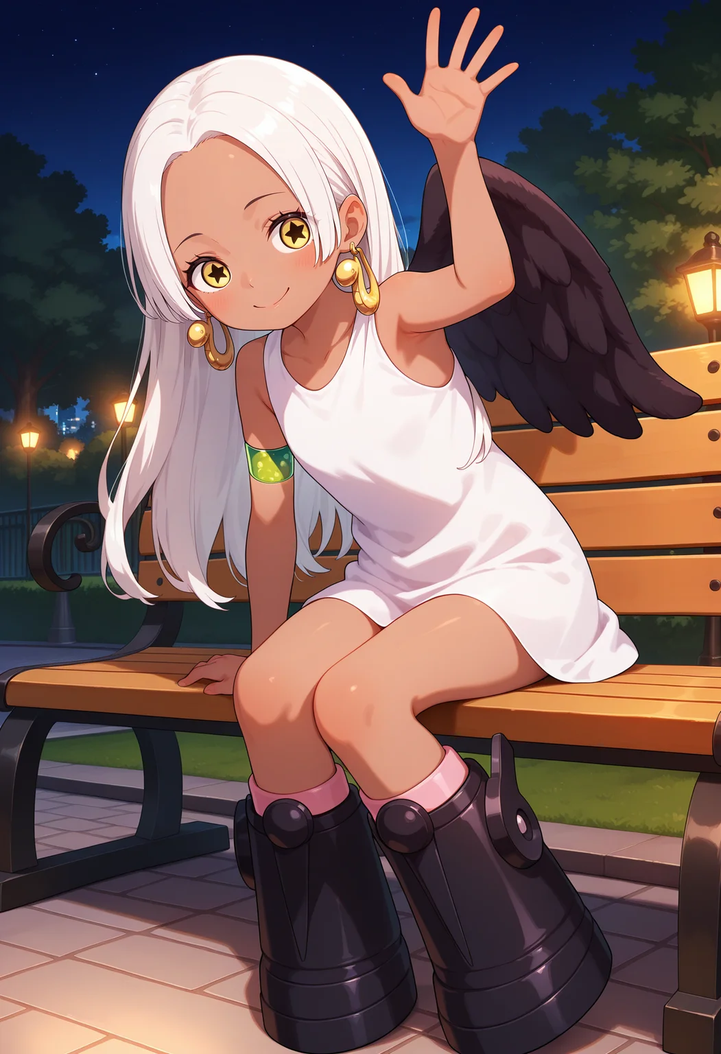 best quality, masterpiece, aass, long hair, white hair, dark-skinned female, earrings, yellow eyes, star-shaped pupils, black wings, white dress, sleeveless, armlet, knee boots, black footwear, <lora:s-snake_ilxl_v1:0.9>, night, park, bench, sitting, waving,
