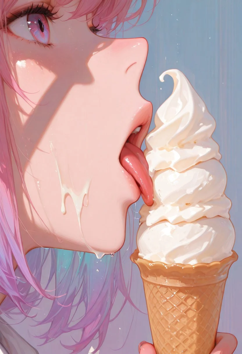 masterpiece, best quality, very aesthetic, absurdres, (anime coloring:1.2), dynamic lighting, ambient light, soft light, usnr, artist:moriimee, line art, 
tongue out, licking ice cream, white ice cream,, close up, side view, wet, orgasm, close up, [layered_composition], high_contrast, oil painting style, background, eye-catching colors foreground, gradient, gradient ice cream,
high detail, sharp shading, soft shadows