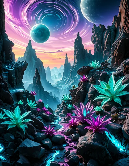 A breathtaking, high-resolution photograph of an alien planet with a surreal and otherworldly landscape. The sky is filled with two massive moons, casting an eerie glow over the terrain. Jagged rock formations, covered in bioluminescent moss, stretch across the horizon, glowing in shades of blue and purple. Strange, twisted plants with translucent leaves and pulsating veins grow from the cracked, iridescent soil. In the distance, towering crystalline mountains shimmer under the light of a distant red sun, their peaks enveloped in a misty, ethereal haze. The air is thick with floating luminescent spores, drifting like tiny fireflies. Rivers of liquid metal carve through the landscape, reflecting the vibrant alien sky. The atmosphere is a mix of neon blues, purples, and greens, creating a mesmerizing and futuristic scene, as if taken from the surface of a newly discovered exoplanet.
<lora:SDXLFaeTastic2400:0.4> <lora:extremely_detailed:0.4> extremely detailed,<lora:alien_pl4n3t:1>,alien pl4n3t