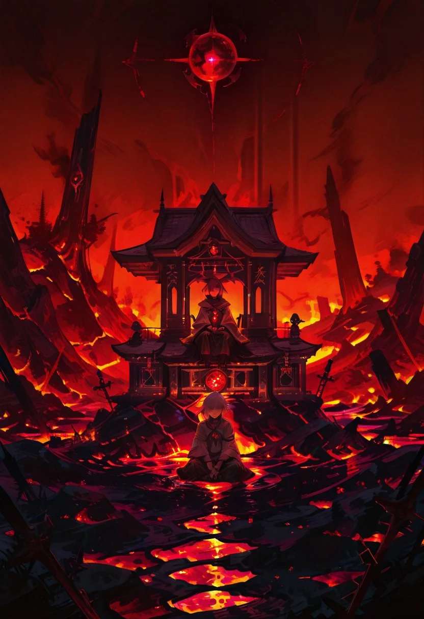 a brutalist Shrine sitting on lava, dramatic apocalypse, dim light, dramatic lighting, __drama__ color scheme, red sphere on the background