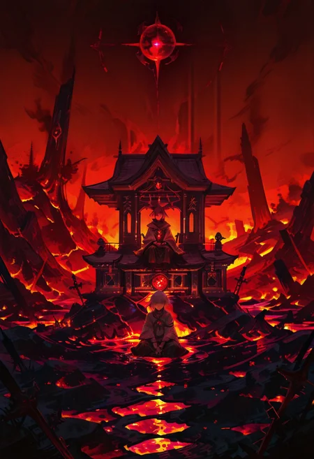 a brutalist Shrine sitting on lava, dramatic apocalypse, dim light, dramatic lighting, __drama__ color scheme, red sphere on the background