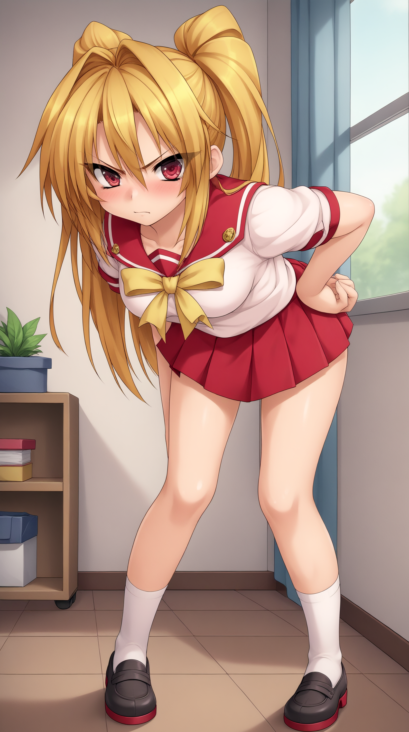 score_9, score_8_up, score_7_up, best background, detailed background, 4k, upscale, anime_source,  Kiriu Ruka, student uniform, solo, hands on hips, blush, tsundere, full body, bent over, indoors,  <lora:JN_Kiriu_Ruka_Pony:0.8>
