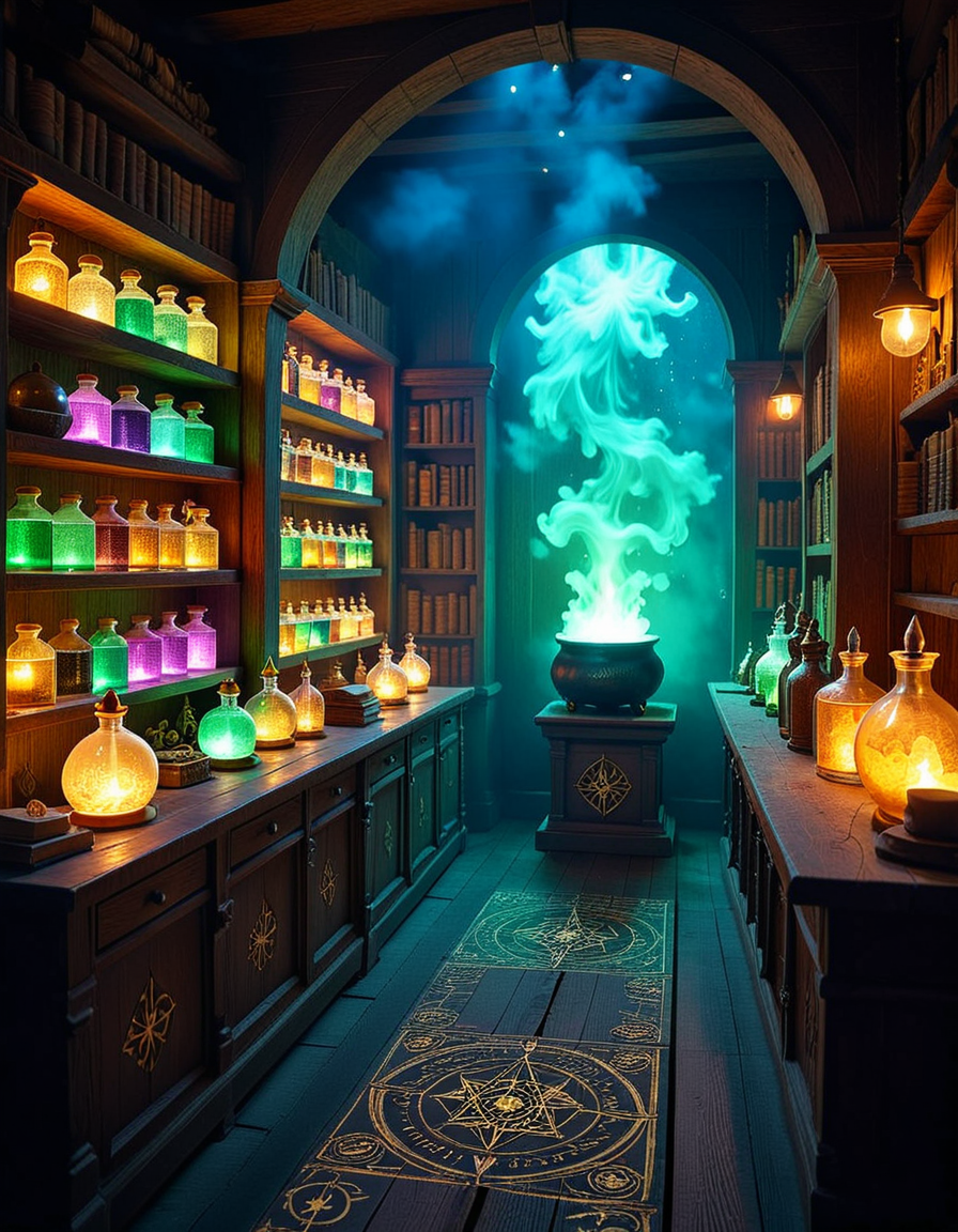 A dimly lit, mysterious alchemy shop filled with ancient books, glowing potions, and strange magical artifacts. Wooden shelves, covered in dust and cobwebs, are packed with glass bottles containing bubbling liquids in deep purples, shimmering golds, and eerie greens. The air is thick with swirling mist, and candlelight flickers, casting long shadows across the stone walls. In the foreground, an old wooden counter holds an open grimoire, alongside mortar and pestles, dried herbs, and mysterious symbols carved into the surface. Strange objects like a levitating crystal orb, a preserved dragonâs eye in a jar, and an enchanted dagger with glowing runes are displayed throughout the space. A bubbling cauldron in the corner emits a soft, eerie glow, illuminating the intricate arcane symbols on the floor. The atmosphere is dark, mystical, and full of ancient secrets, evoking a sense of forgotten magic and hidden knowledge.
<lora:SDXLFaeTastic2400:0.4> <lora:extremely_detailed:0.4> extremely detailed,<lora:mysterious_4lch3my_sh0p:1>,mysterious 4lch3my sh0p, Masterpiece,best quality,hi res,8k,hi res,8k,award winning,(sharp focus, intricate, highly detailed),
