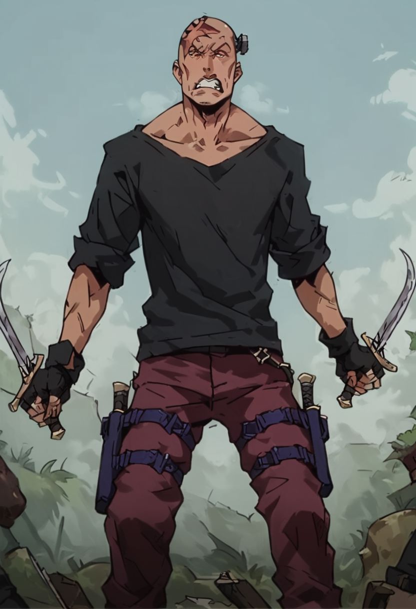 score_9, score_8_up,score_7_up, score_6_up, score_5_up, score_4_up,
1boy, bald, cross scar, head screw, black shirt, fingerless gloves, red pants, purple straps, purple holster, sleeves rolled up, clenched teeth, duel wielding, knives,
gwentstyle, concept art, realistic, dark theme, low light,