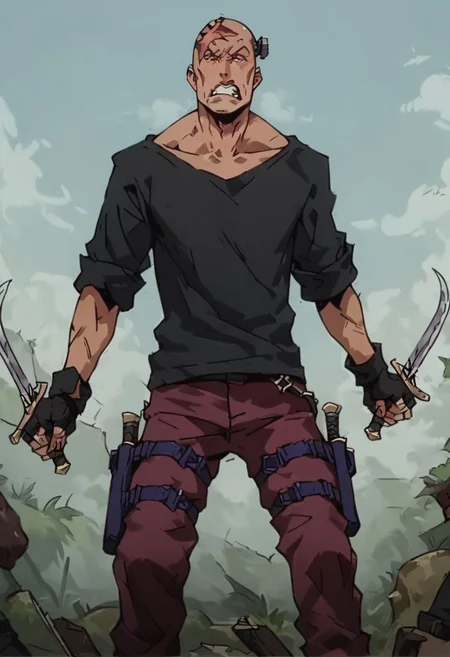 score_9, score_8_up,score_7_up, score_6_up, score_5_up, score_4_up,
1boy, bald, cross scar, head screw, black shirt, fingerless gloves, red pants, purple straps, purple holster, sleeves rolled up, clenched teeth, duel wielding, knives,
gwentstyle, concept art, realistic, dark theme, low light,