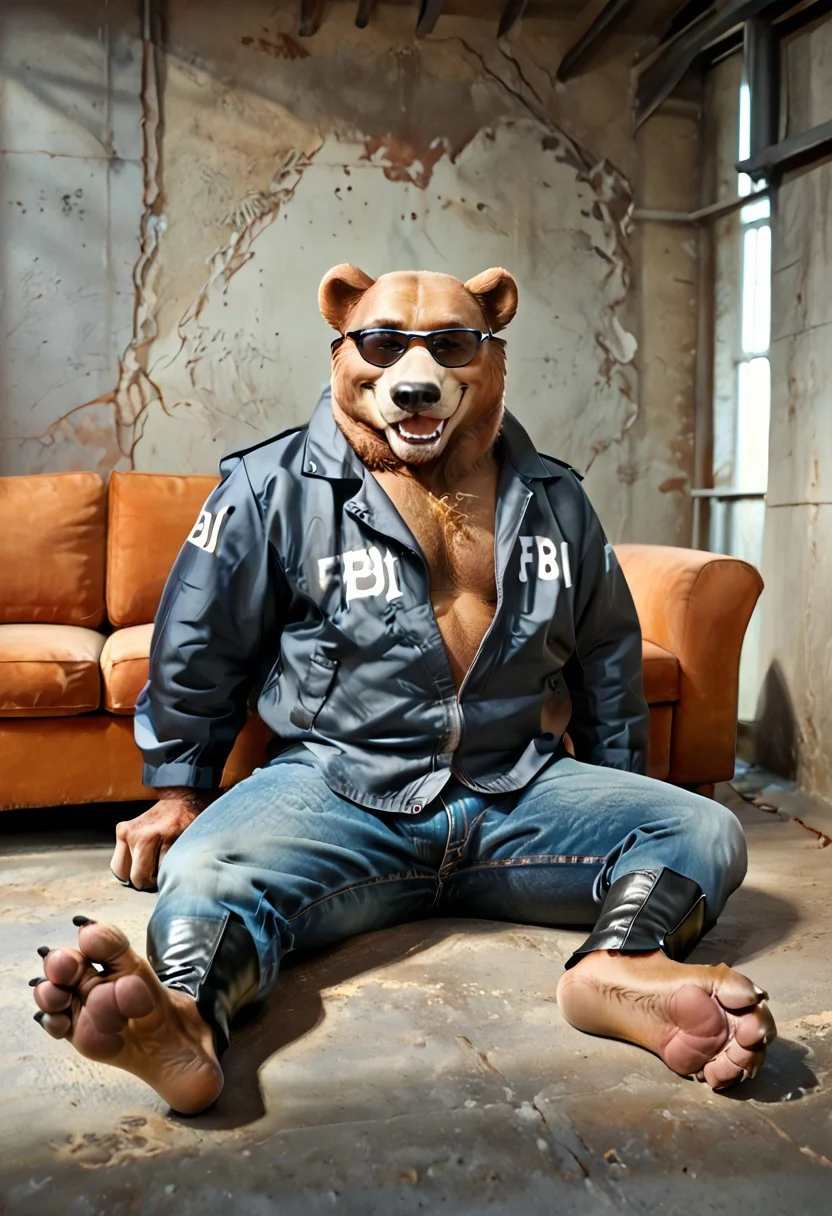 score_9, (Furry), (Grizzly Bear), male, chubby, fat, chest hair, evil grin, facial hair, (((toeless boots))), ((nice feet paws with claws)), FBI_outfit, blue FBI jacket,
fur coat, jeans, bulge, big belt, brown belt, black boots, black sunglasses,
sitting down,
red couch, concrete room,
ray tracing, photo realistic, good shadows, Zaush, Meesh, solo focus,