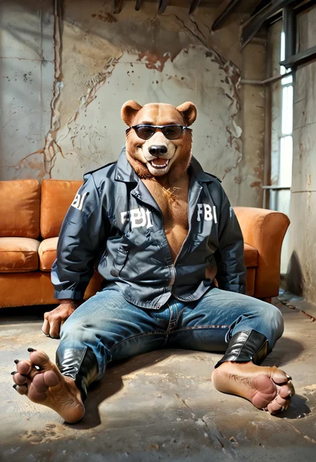 score_9, (Furry), (Grizzly Bear), male, chubby, fat, chest hair, evil grin, facial hair, (((toeless boots))), ((nice feet paws with claws)), FBI_outfit, blue FBI jacket,
fur coat, jeans, bulge, big belt, brown belt, black boots, black sunglasses,
sitting down,
red couch, concrete room,
ray tracing, photo realistic, good shadows, Zaush, Meesh, solo focus,