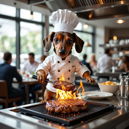 A humanoid miniature dachsund is a chef at a five star restaurant. He has to stand on a ladder to cook because he is so short. He's charbroiling a steak. The restaurant is an open floor plan and the human customers can watch him cook.