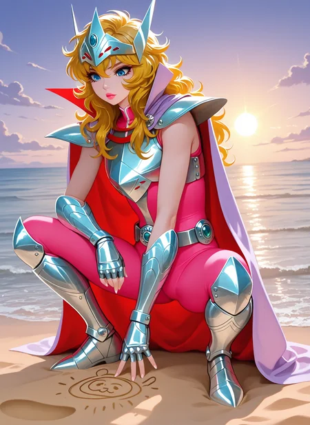 masterpiece, best quality, amazing quality, ermi, harfe, SS_MIS, 1boy, male focus, blue eyes, light pink lipstick, blonde hair, wavy hair, long hair, circlet, (white-violet cape, inner red cape, high collar), silver pauldrons, silver breastplate, silver fingerless gauntlets, sleeveless pink bodysuit, belt, belt buckle, silver greaves, squatting, hand in front, hand down, sand, drawing in sand, beach, water, sun, clouds