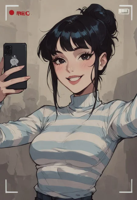 (score_9, score_8_up:1.1), score_7_up, 1 black haired woman ( hair bun, bangs, small eyes, black eyes, pale white skin, human, pale skin, small perky breasts, round thick butt, slender body, happy smile look, striped sweater), selfie, taking a selfie, on the street, selfie pose, face focus, dynamic pose, phone viewfinder, phone overlay, iphone overlay, (3-frame sketch)