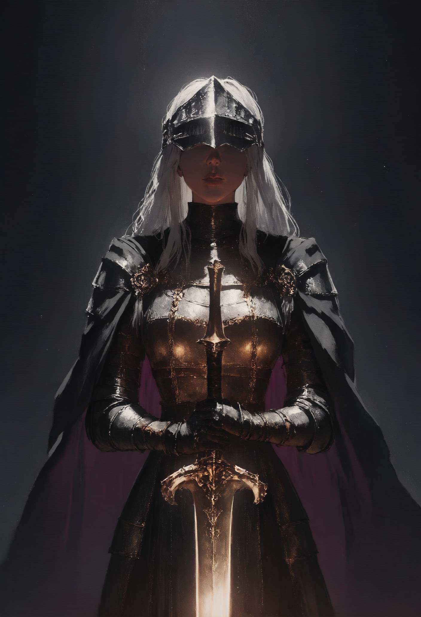 score_9, score_8_up, score_7_up,  female, dark knight, long white hair, beautiful face, bulky, heavy, visor helmet, medieval, dark theme, armor, golden sword, golden trim, black cape  <lora:pony/concept_art_ultimatum_style:0.8> <lora:sdxl/sinfully_stylish_sdxl>