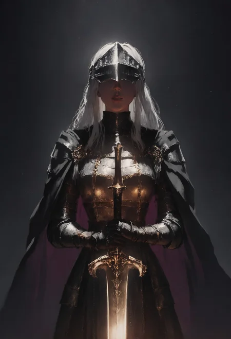 score_9, score_8_up, score_7_up, female, dark knight, long white hair, beautiful face, bulky, heavy, visor helmet, medieval, dark theme, armor, golden sword, golden trim, black cape <lora:pony/concept_art_ultimatum_style:0.8> <lora:sdxl/sinfully_stylish_sdxl>