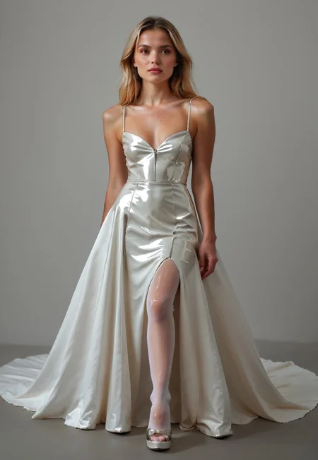 safe_pos, score_9, score_8_up, score_7_up, score_6_up, score_5_up, score_4_up, 1girl, full body view of leu_hanna_1, white wedding dress, blonde hair, brown eyes, long hair, medium breast, turquoise formal dress, shiny latex dress, white stockings, wearingsilver footwear, high heel mules, olz_highheelmule2