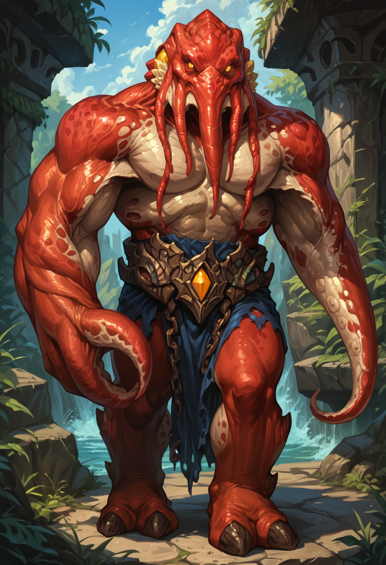 zPDXL3, score_9, score_8_up, score_7_up, detailed face, detailed body, detailed background, perfect anatomy, masterpiece, high quality, best quality, outdoors BREAK three-quarter view, male, muscular, big pecs, thick thighs, faceless_one, monster, red skin, yellow eyes, glowing eyes, looking at viewer, standing <lora:FacelessOne_WoW_V1:0.85> <lora:detailed_notrigger:1> <lora:d3t41l3dXLP:0.5>