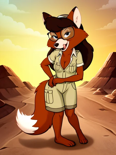 source_furry, 1girl, solo,  furry, furry female, tail,ultra high quality,ultra high resolution,ultra photorealistic,full body, seductive, very realistic,(extremely detailed), detailed background,,(masterpiece, best quality, high quality, highres, ultra-detailed), <lora:Myra_Foxworthy_Talespin pony:0.88> cartoon, flat colors, brown fur, rectangular glasses, long hair, anthro, fox, brown eyes, small breasts, long eyelashes, an image of myra foxworthy, olive blouse,licking own lips,presenting breasts,leaning slighlty forward,cleavage,seductive eyes,half closed eyes,facing viewer,slightly open mouth,desert dunes,cartoon ,posing seductive,