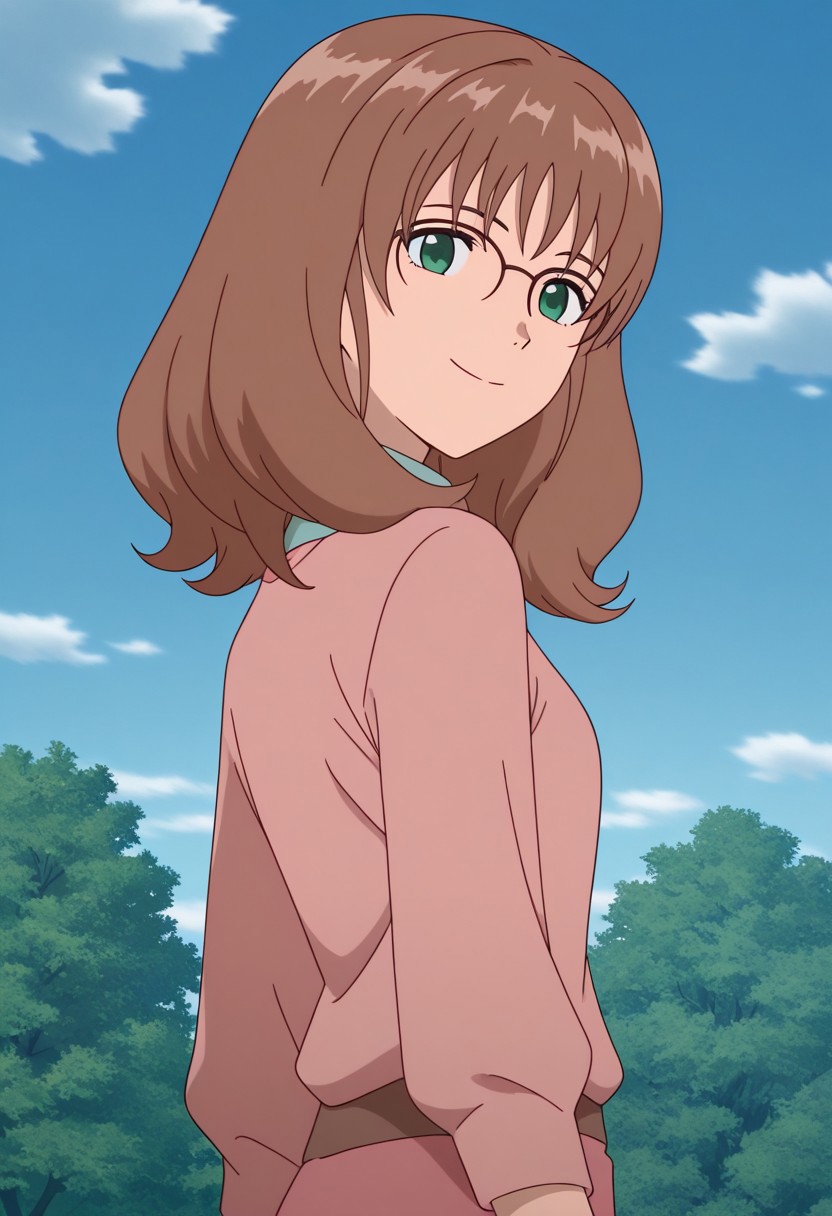 masterpiece, best quality, source_anime,official art,perfect_anatomy,sharla,1girl,green eyes,brown hair,bangs,glasses,pink shirt,looking_at_viewer,smile,cowboy shot,arms beghind back,day,blue_sky,cloud