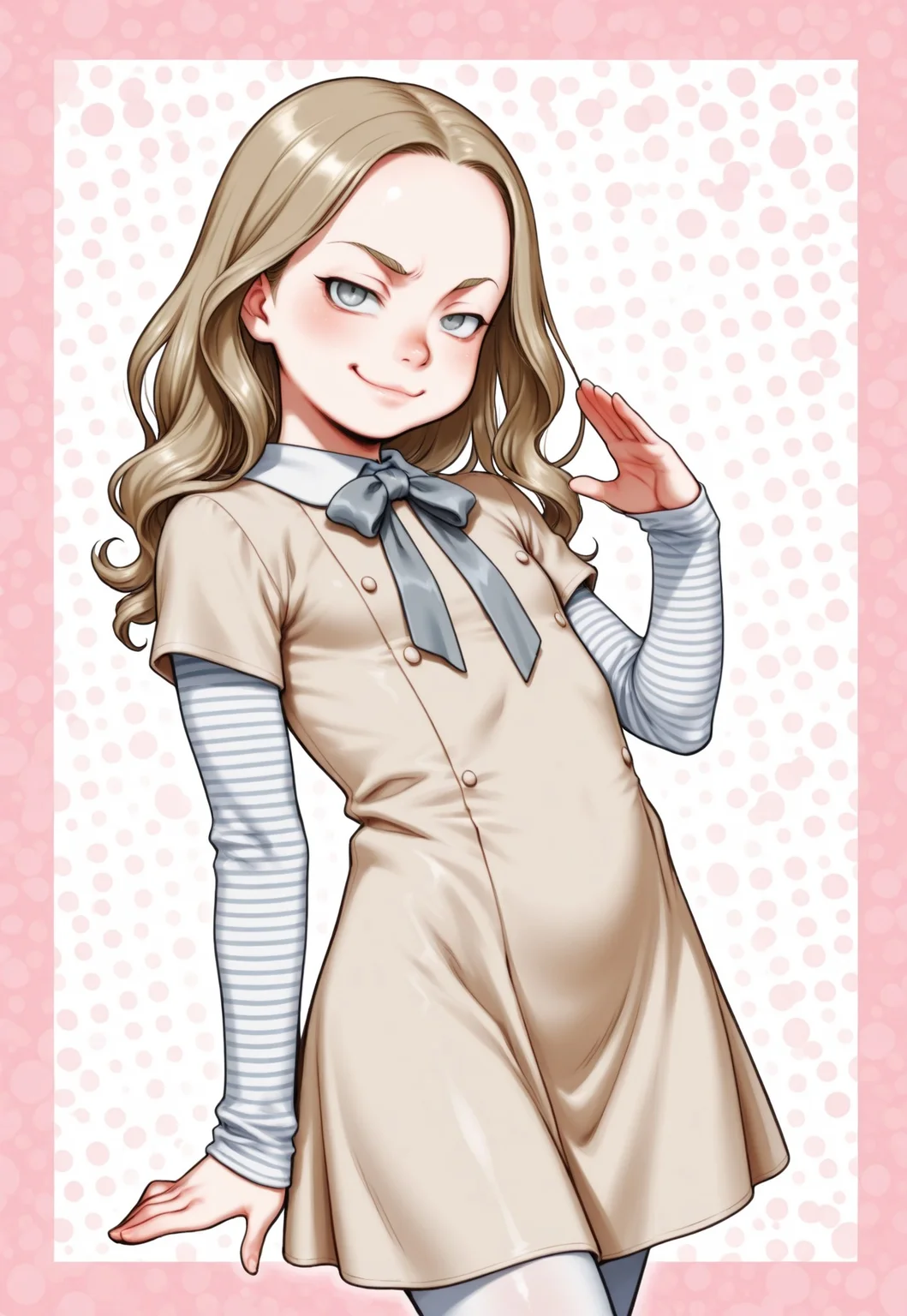 1girl, solo, m3gan, grey eyes,( thick lips:0.4), smug face, striped long sleeves, dress, short sleeves, long hair, layered sleeves, short over long sleeves, white pantyhose, c7ilf,( cute:1.2), shortstack, upper body, looking at viewer, wide hips, dynamic pose, dynamic angle, flirty, dynamic, arched back, gesture, 2d, abstract background, border, low angle,