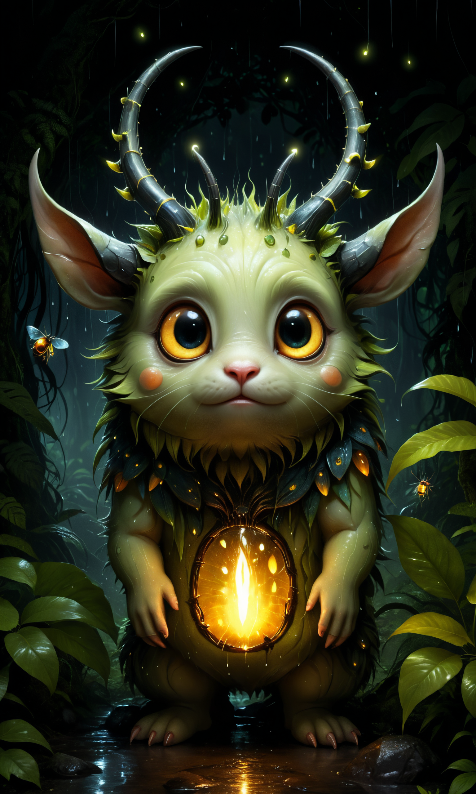 "nature art by Henri Rousseau, Henry Darger and Dee Nickerson, -artistmedium-, \"adorable, fluffy, round, creature with horns, fireflies, rain forest, beautiful, night\", cool colors, perfect background, dynamic, warm light, stunning, highly detailed, aesthetic, Contemporary painting