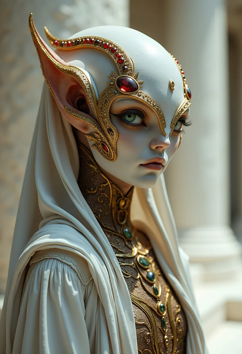 Professional photo, turned slightly away, the style of dark white and light bronze, gold filigree, fierce alien priest on an alien planet, adorned with garnet and bloodstone gemstones, standing in ancient white marble temple, by Brian Froud and Heather Theurer, extremely detailed head and face, very realistic and symmetrical eyes, emerald green eyes, (eye contact with viewer), hyper detailed, hyper quality, artstation award winner, Epic realism, meticulous masterpiece,